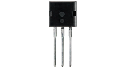 A single black power transistor electronic component isolated on a white background.
