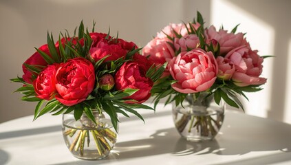 Obraz premium Two vibrant bouquets of fresh red and pink peonies displayed in vases on a white surface