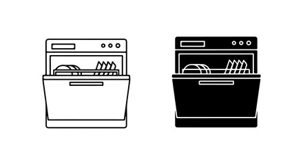 Open dishwasher icon in outline and silhouette styles