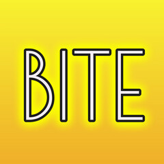 BITE Word Art in Bold White Typography with Black Outline for a Clean, Playful, and Culinary-Inspired Design
