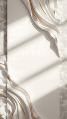 Soft white fabric drapes gracefully, revealing delicate gold accents. Sunlight filters through, casting gentle shadows and creating a tranquil atmosphere in an elegant indoor space