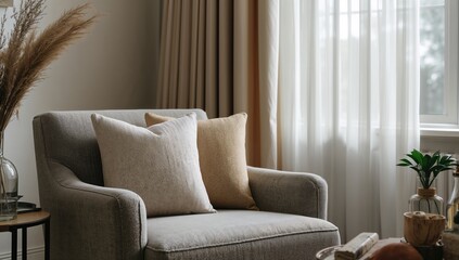Grey armchair positioned beside soft curtains in a well-lit living space, promoting relaxation
