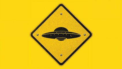 Diamond-shaped warning sign with a yellow background and black border, indicating UFO presence, safety alert