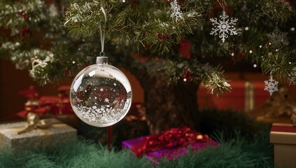 A shiny silver sphere suspended on a festive tree.
