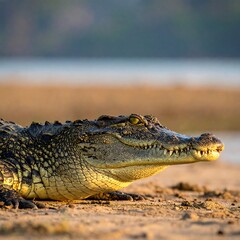 Obraz premium Close-up of a crocodile, showing its textured skin and sharp teeth, near a body of water