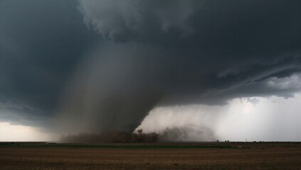 A twister develops beneath a storm cloud over open land.