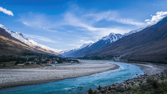 Aerial perspective of the Himalayan terrain surrounding the expansive Spiti riverbed, showcasing seasonal change