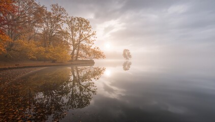 Fototapeta premium A foggy lakeside at dawn during fall