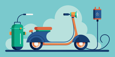 Electric scooter charging with a charger and battery on a blue background  