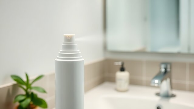 algicide. A deodorant spray bottle releasing a fresh mint-green mist in a clean bathroom setting. lifestyle magazines, social media lookbooks, designed for influencer and brand collaborations.