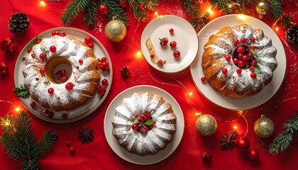 Christmas table, red tablecloth, lights and baubles, large Christmas cakes on plates, top view.