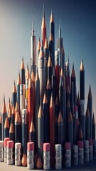 A vibrant tower of pencils and markers creates a striking cityscape under a twilight sky. Various shades and lengths showcase artistic creativity and imagination in this unique arrangement