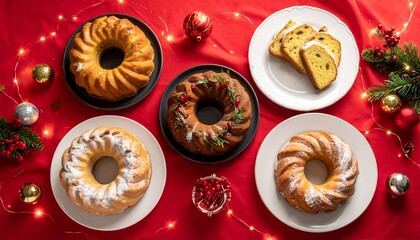 Christmas table, red tablecloth, lights and baubles, large Christmas cakes on plates, top view.