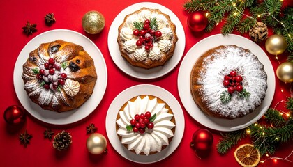 Christmas table, red tablecloth, lights and baubles, large Christmas cakes on plates, top view.