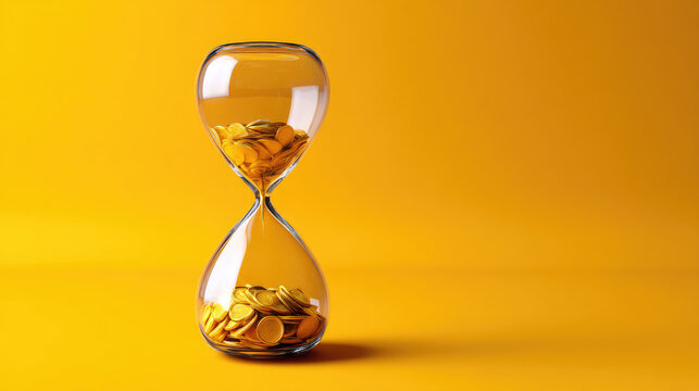 Hourglass filled with golden coins instead of sand, time and money metaphor, minimalist editorial