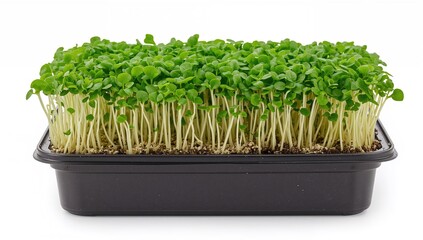 Fototapeta premium Germinated microgreens growing in soil within a plastic container, fiber-dense choice