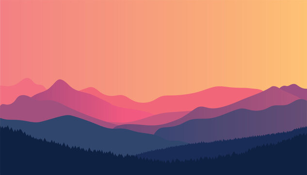 Sunset mountain landscape flat illustration