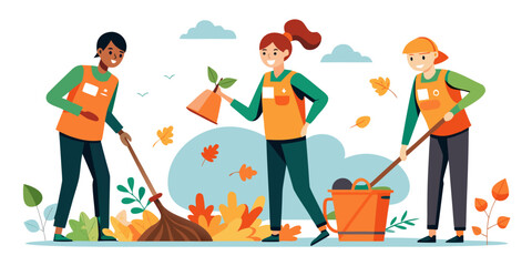 Three volunteers raking leaves and cleaning up yard in autumn  