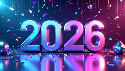 A vibrant 3D rendering of the year 2026 illuminated with a gradient of blue and pink light, surrounded by falling confetti and festive spherical decorations,...