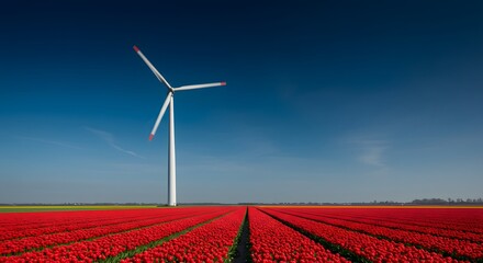 A wind turbine towers over vibrant red tulip fields under a clear blue sky