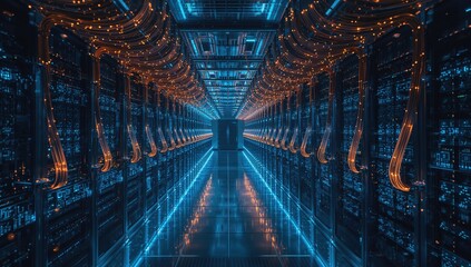 Inside a modern expansive data hub, vibrant high-speed fiber optic cables link cloud network servers and switching devices.