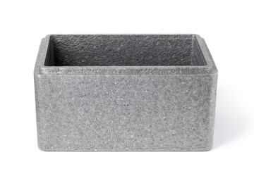 Empty gray styrofoam box on white background