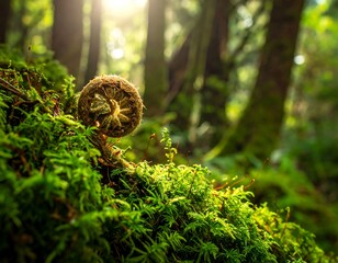 Close-up of a curled fern frond, surrounded by lush moss in a sunlit, verdant forest