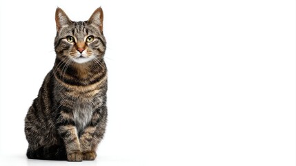 Obraz premium Studio portrait of a sitting tabby cat looking forward against a white back ground