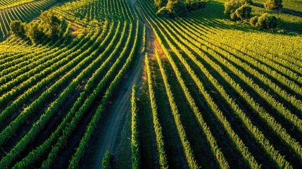 Fototapeta premium Rows of vibrant green grapevines create a beautiful pattern across the landscape basking in sunlight.