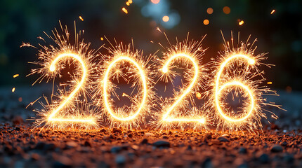 Sparkling fireworks illuminate the year 2026, celebrating a new year's arrival.