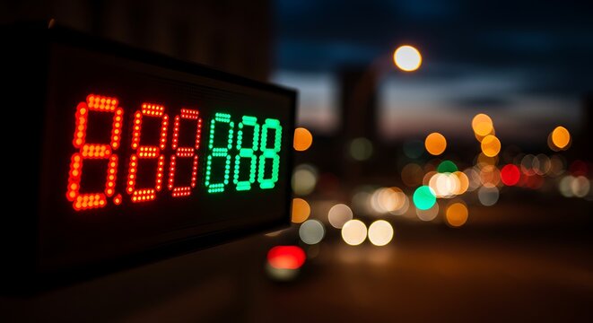 Close-up of a digital display with illuminated numbers at dusk. Lights create a bokeh effect