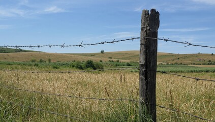 Countryside scene featuring a rustic wooden post, barbed wire, and expansive dry fields beneath a clear blue sky