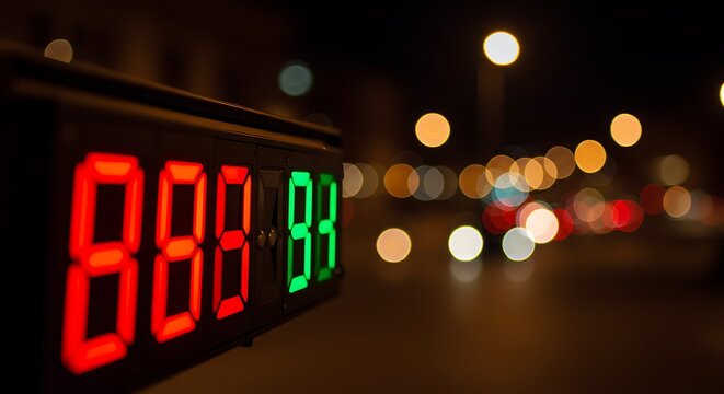 Close-up of a digital display with red and green numbers, bokeh city lights in background