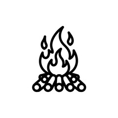 Simple Black and White Campfire Icon with Flames and Logs, Outline Style.
