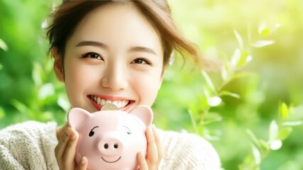 Young Asian Woman Putting Coin in Pink Piggy Bank and Smiling, Investment - Powered by Adobe