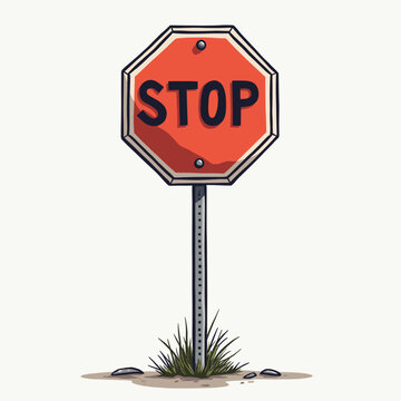 Stop sign on metal pole surrounded by grass in urban environment  