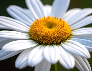 Fototapeta premium Close-up of a daisy showing white petals, yellow center, and natural green background