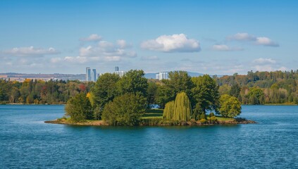 A small island surrounded by water with many trees