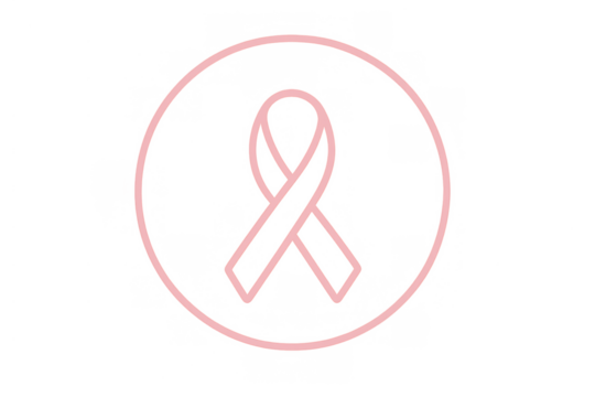 Pink ribbon symbol inside circle outline representing breast cancer awareness and support on transparent background