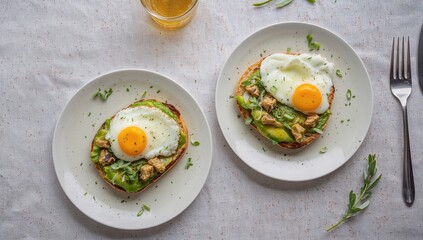 Breakfast arrangement featuring two avocado toasts, fried eggs, and vegetables on a rustic tablecloth, fiber-dense choice