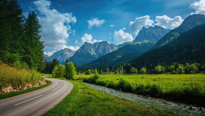 Naklejka premium Austrian Alps road following the Inn River towards Pfunds, scenic route for travel enthusiasts