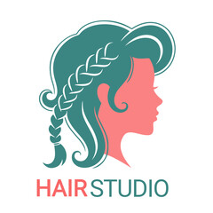 Logo design Silhouette of a woman's profile in coral pink with a teal braided hairstyle