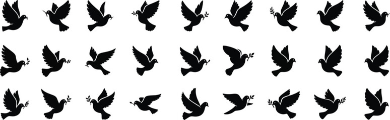 Collection of black silhouette bird flying motion sequence frames for animation creating peaceful avian movement concept silhouette
