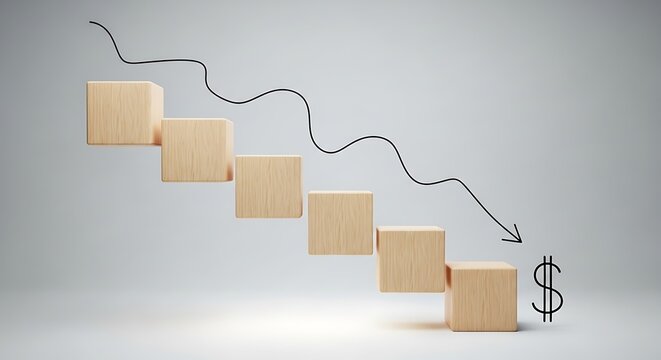 Wooden blocks arranged in a descending staircase formation with a handdrawn arrow indicating a downward trend in financial loss