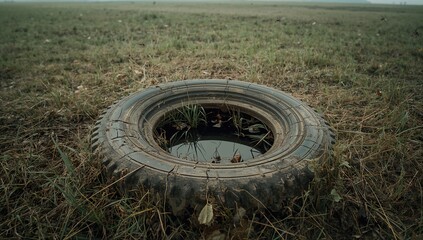 Unused tire left outdoors may collect rainwater and serve as a mosquito breeding site.