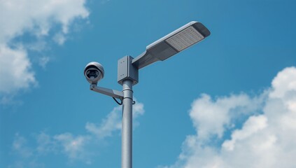 LED streetlight and IP surveillance camera installed on a pole under a clear blue sky