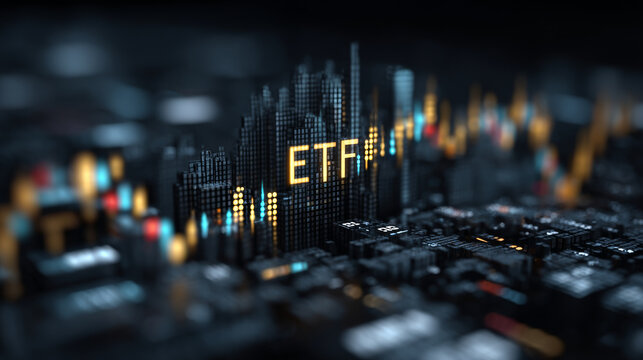 Digital visualization of ETF investments with glowing graphs and cityscape elements
