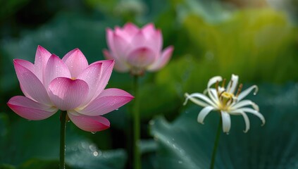 Beautiful flowers adorned with green leaves and dew drops, enhancing natural freshness