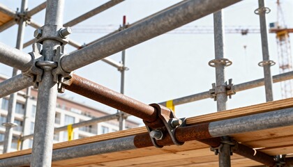 Naklejka premium Medium shot showing detailed view of scaffolding joints and platforms ensuring stability in urban construction.