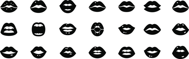 Collection of diverse human lips in various expressive shapes and formations captured in a grid layout ideal for beauty and communication concepts silhouette